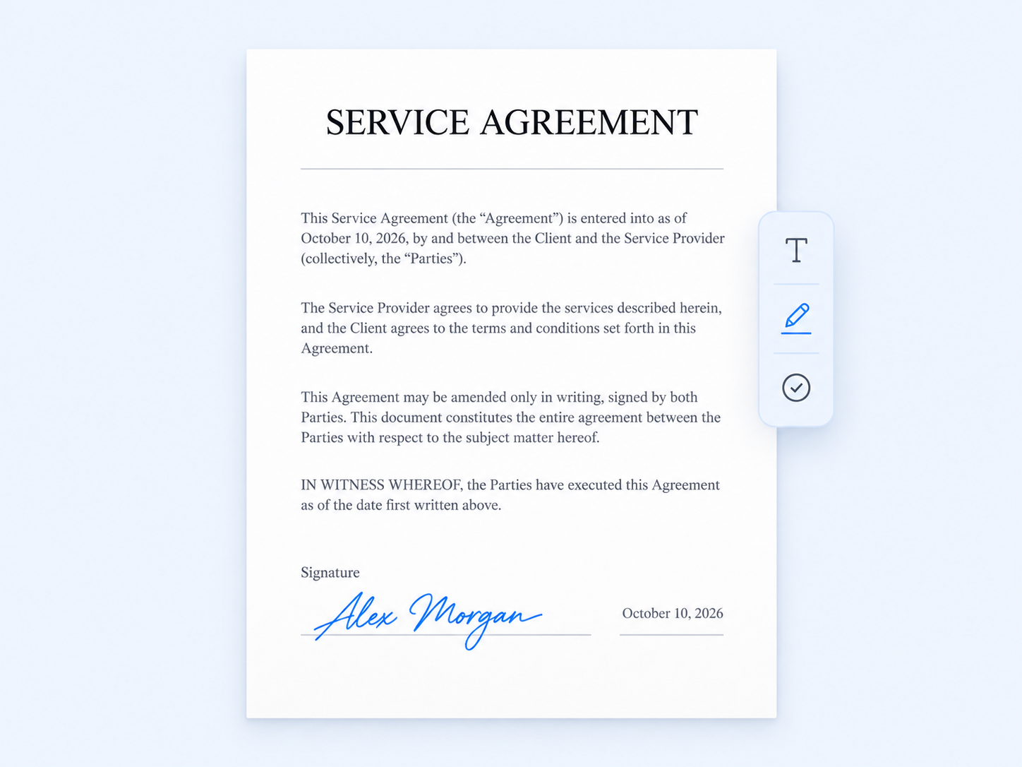 Illustrative service agreement with an example handwritten signature and editing tools